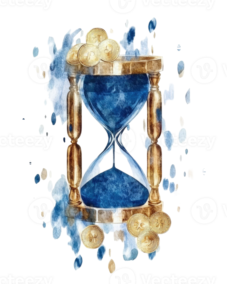 Time is Money Watercolor Hourglass with Gold Coins Illustrating the Passage of Time and the Value of Wealth png