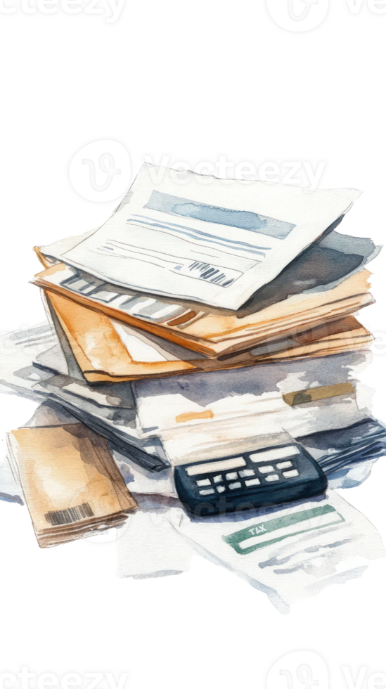 A Watercolor Painting of a Stack of Bills and Tax Documents with a Calculator png