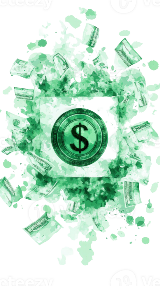 Abstract Watercolor Illustration of Money Explosion Green Dollar Sign Coin Wealth Finance Success png
