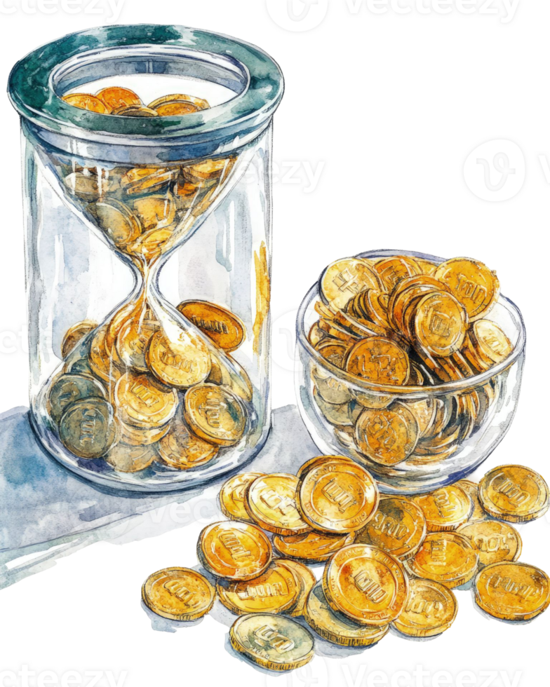 Watercolor Illustration of Coins in Hourglass and Bowl png