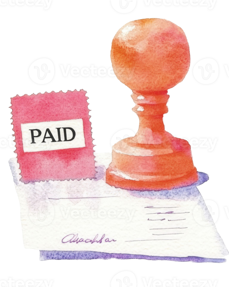 Watercolor Illustration of a Paid Invoice with Rubber Stamp png