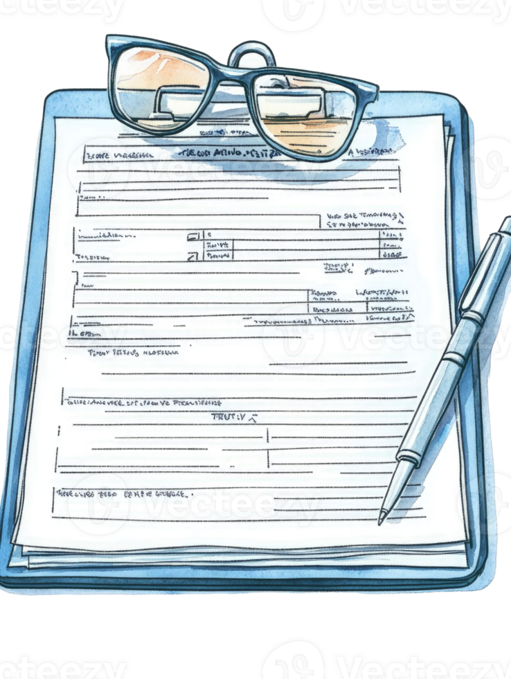 Watercolor Illustration of a Clipboard with Documents, Pen, and Eyeglasses Reflecting a Mountain Landscape png