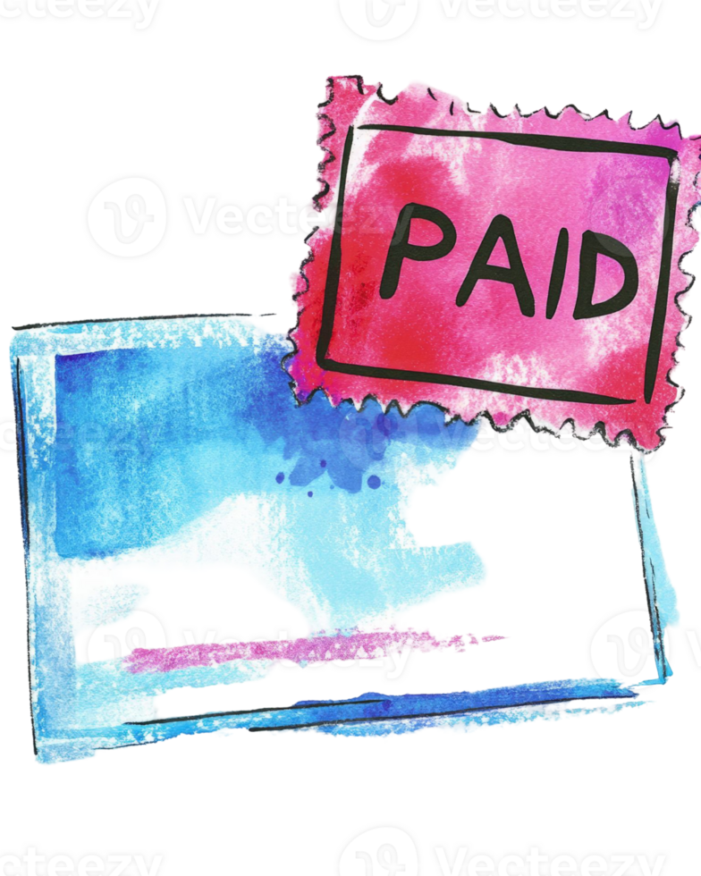 Watercolor Painting of a Paid Postage Stamp Overlapping a Blue Landscape Image png