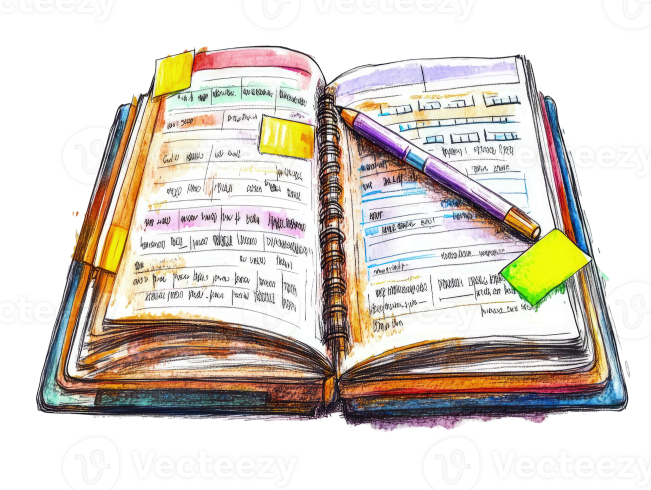 Watercolor Sketch of an Open Notebook with Pen and Sticky Notes png