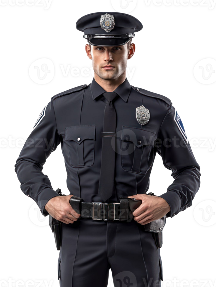 Portrait Of A Police Officer In Uniform Standing With Hands On Belt On Transparent Background png