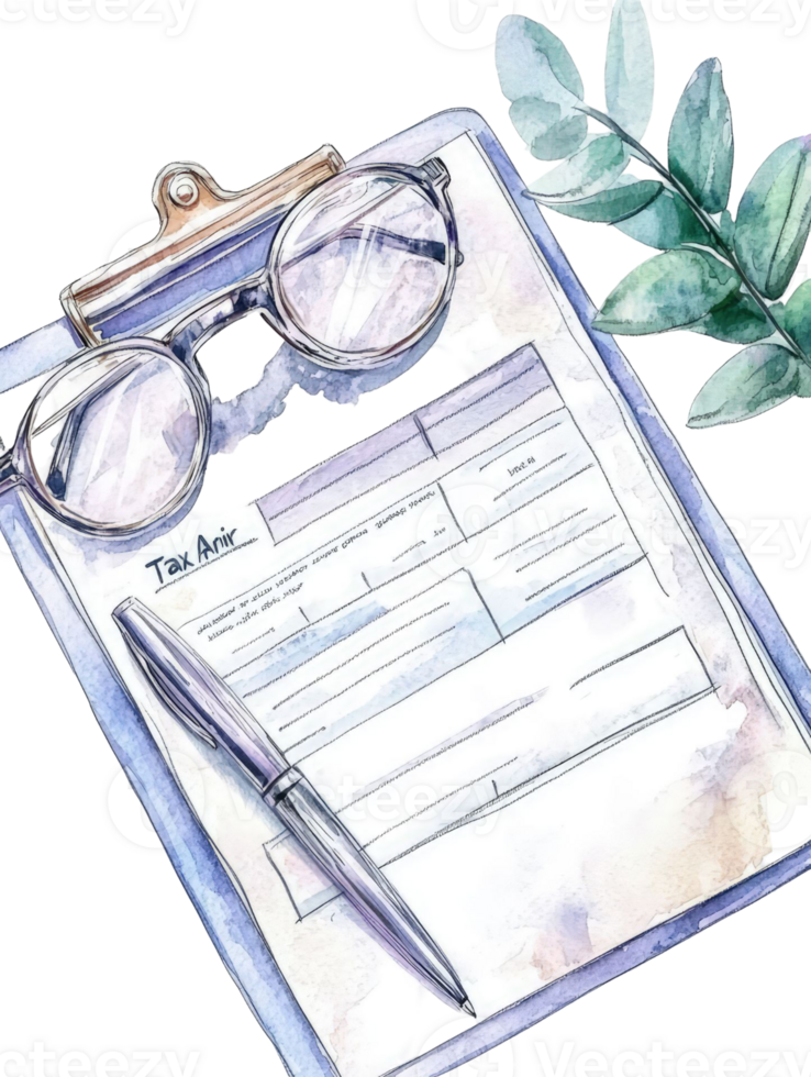 Tax Form Watercolor Illustration Glasses, Pen, and Leaves on a Clipboard png