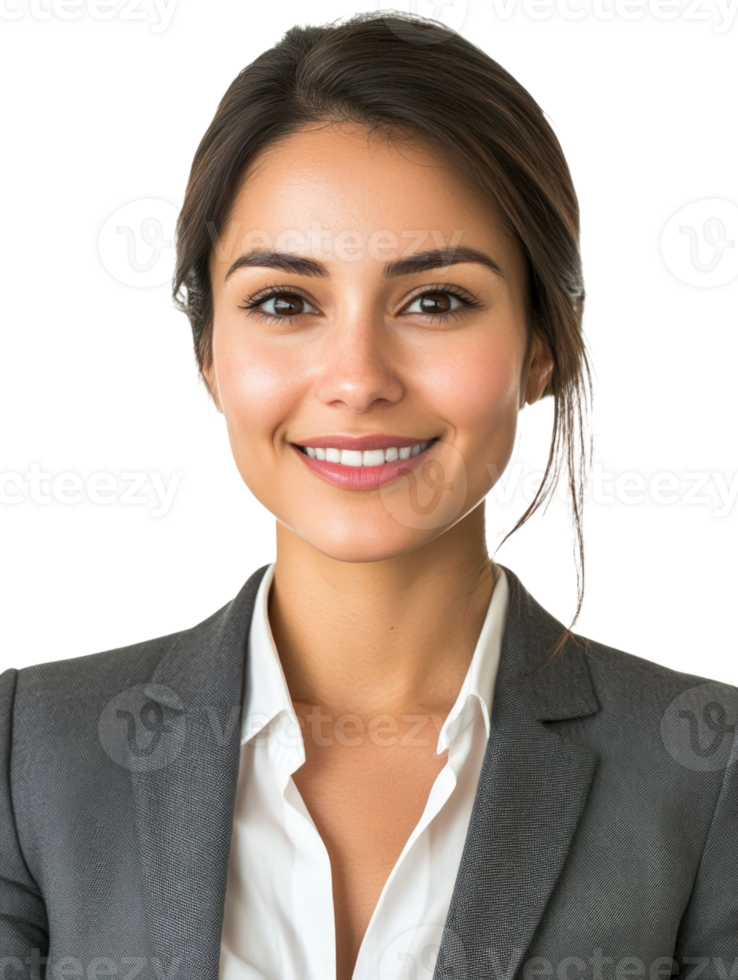 Portrait Of A Smiling Young Businesswoman In A Gray Suit With Transparent Background png