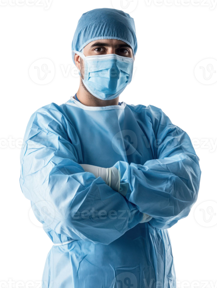 Portrait of a Surgeon in Blue Surgical Attire with Arms Crossed Against Black Background png