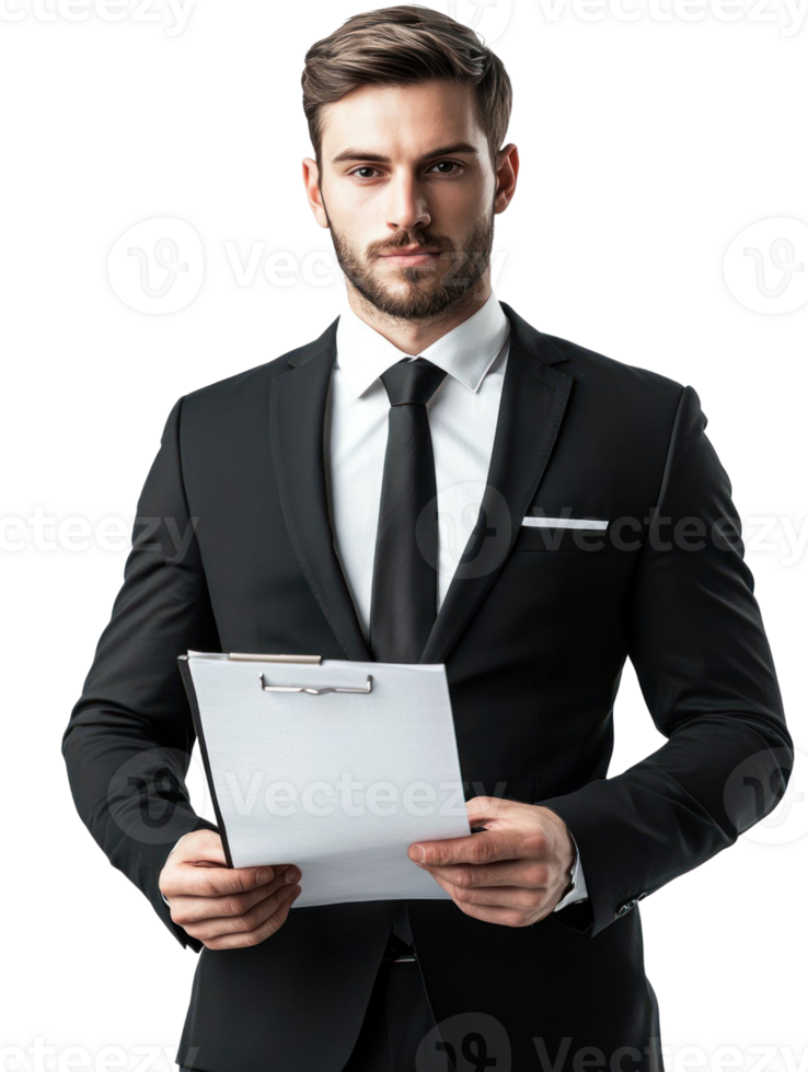 Professional Man in Black Suit Holding Clipboard on Transparent Background png