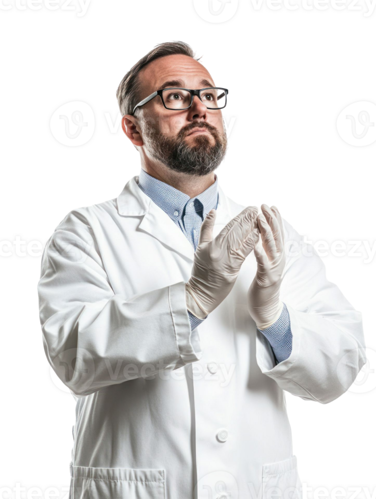 Professional Scientist in White Lab Coat with Glasses and Gloves Looking Upwards with Hands Clasped png