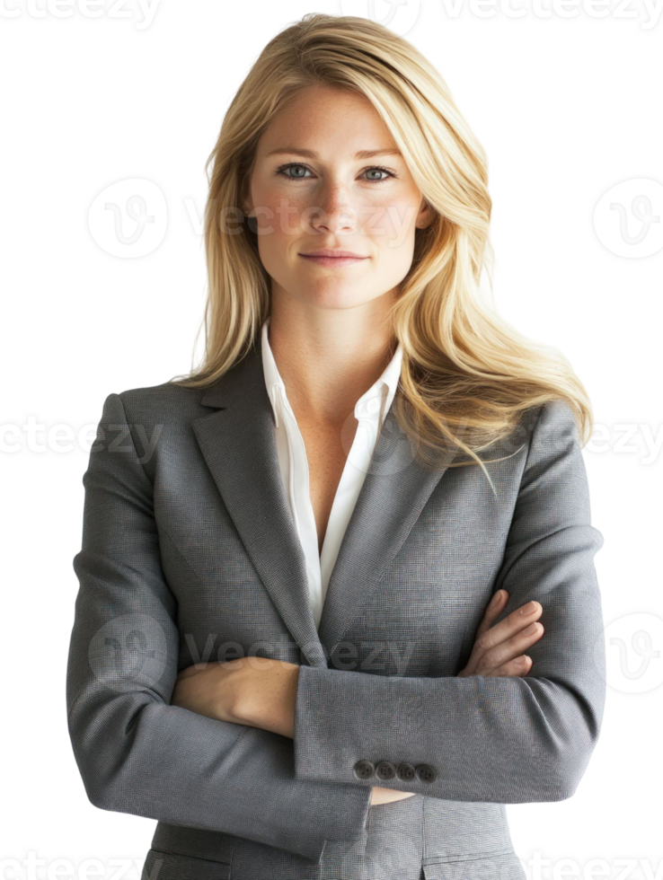 Portrait Of A Young Blonde Woman In A Gray Suit With Arms Crossed On Transparent Background png