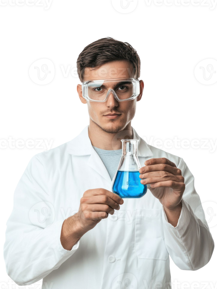 Scientist in White Lab Coat Holding a Blue Liquid in a Beaker with Safety Glasses and Transparent Background png