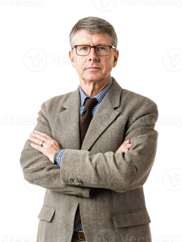 Portrait Of Serious Middle Aged Man Wearing Eyeglasses And Brown Blazer On Transparent Background png