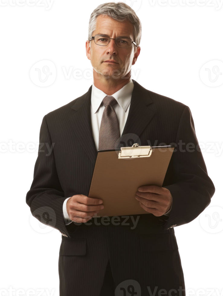 Serious Businessman Holding Clipboard in Suit against Transparent Background png
