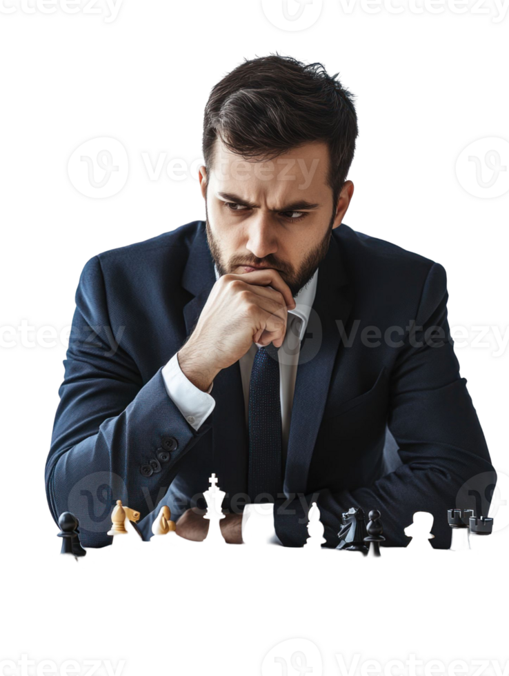 Serious Businessman In A Suit Thinking Over A Chess Game With A Chessboard On A Transparent Background png