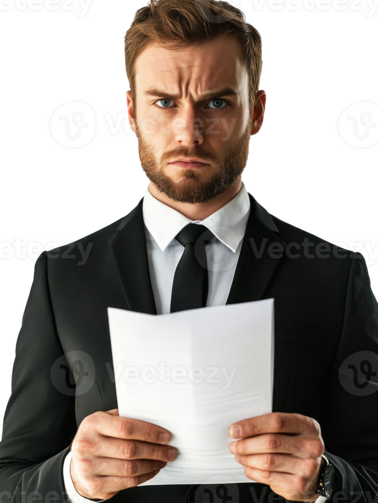 Serious Businessman in Black Suit Holding Paper with Angry Expression on Transparent Background png
