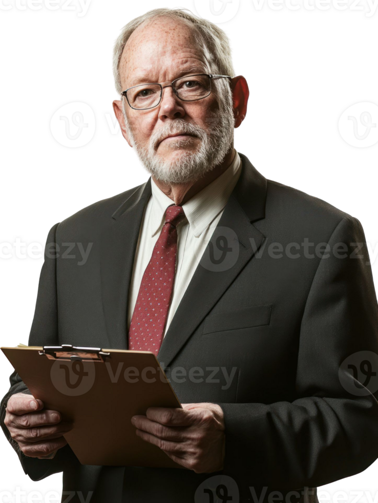 Senior Man in Suit Holds Clipboard Portrait against Transparent Background png