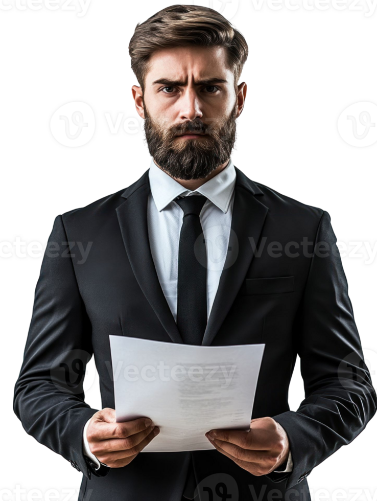 Serious Man In Black Suit Holds Paper Portrait With Transparent Background png