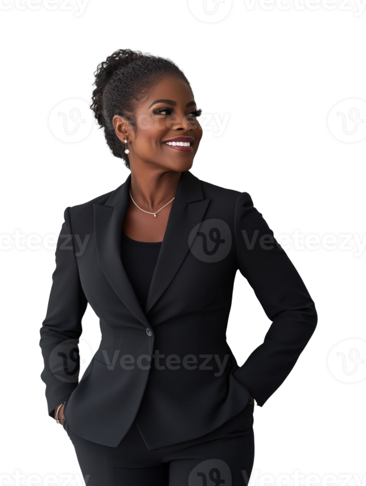 Smiling African American Woman in Black Suit with Hands in Pockets Looking to the Side png