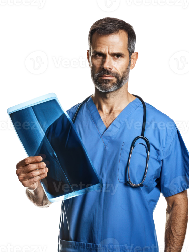 Serious Doctor Holding X-Ray Image in Blue Uniform with Stethoscope and Transparent Background png