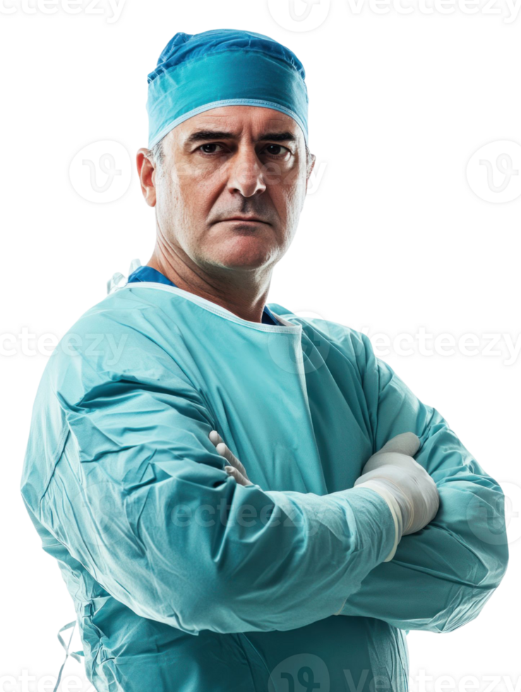 Serious Surgeon in Blue Surgical Attire With Arms Crossed on Transparent Background png