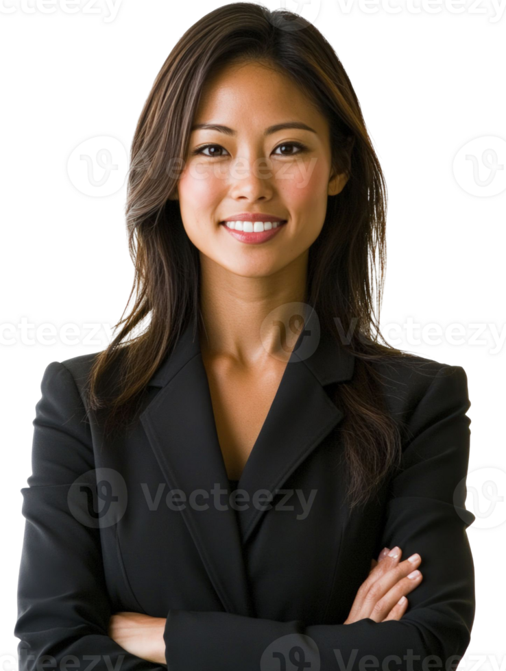 Smiling Asian Woman in Black Business Suit with Arms Crossed on Transparent Background png