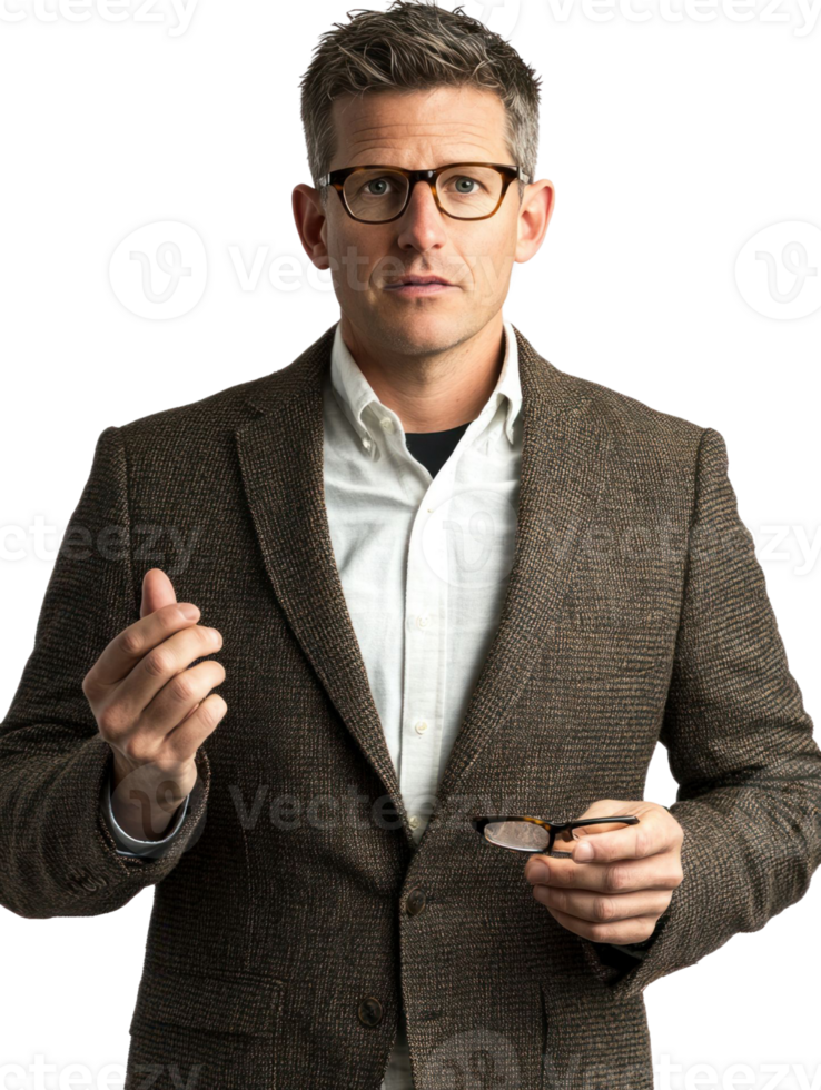 Serious Middle Aged Man With Eyeglasses In Formal Attire Holding Glasses Against Transparent Background png