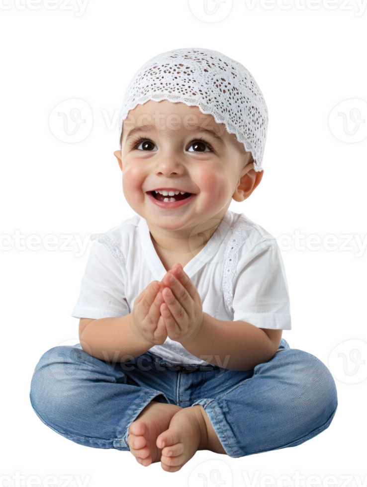 Smiling Baby Girl Sitting and Looking Up with Hands Together on Transparent Background png