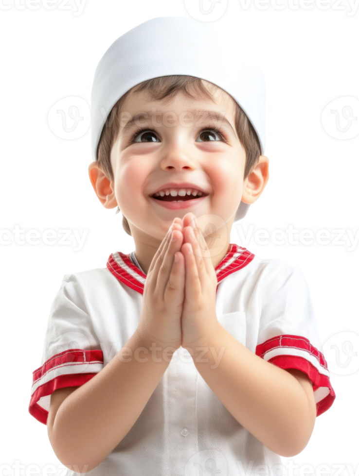 Smiling Boy In White Religious Attire With Hands Together Against Transparent Background png
