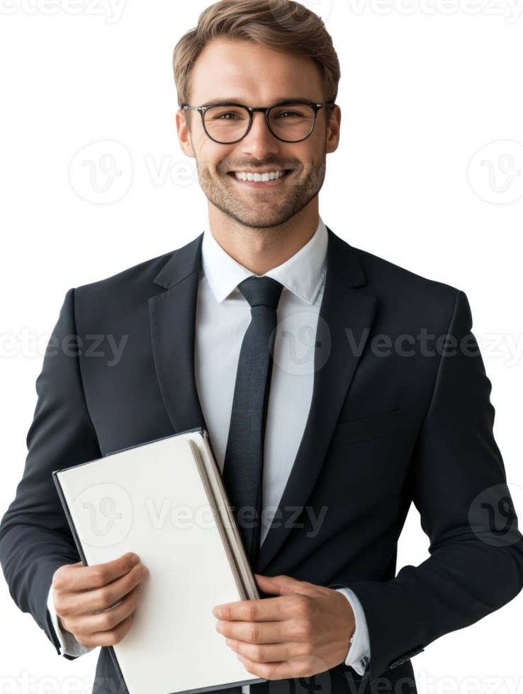 Smiling Businessman In Suit And Glasses Holding Notebook Against Transparent Background png