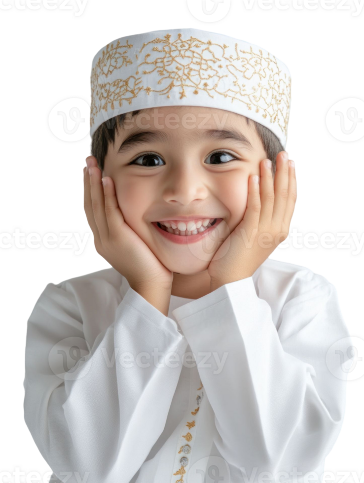 Smiling Boy Portrait With Hands On Cheeks Wearing White Traditional Attire and Gold Hat on Transparent Background png