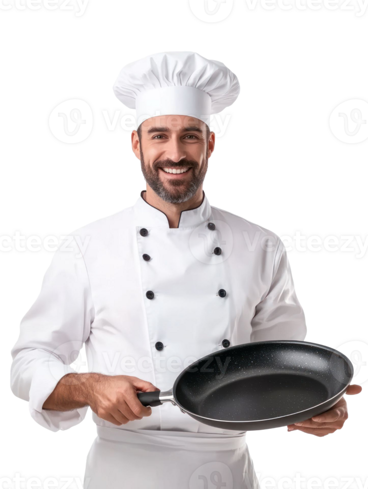 Chef In White Uniform Holding Frying Pan Against Transparent Background png