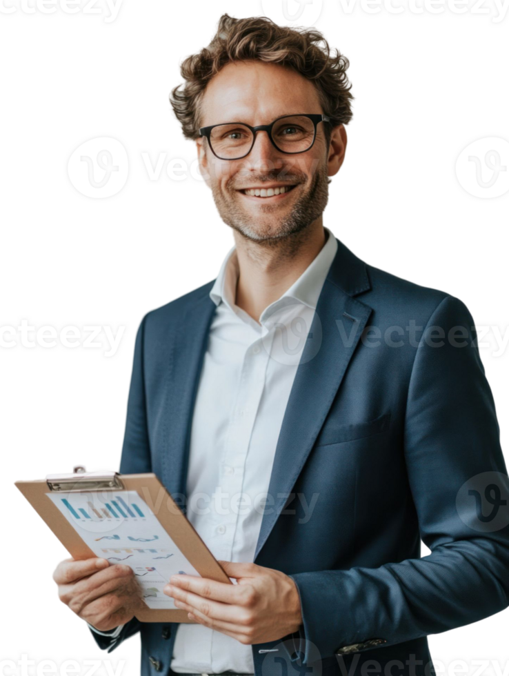 Smiling Businessman in Blue Suit Holding Clipboard with Charts and Graphs png