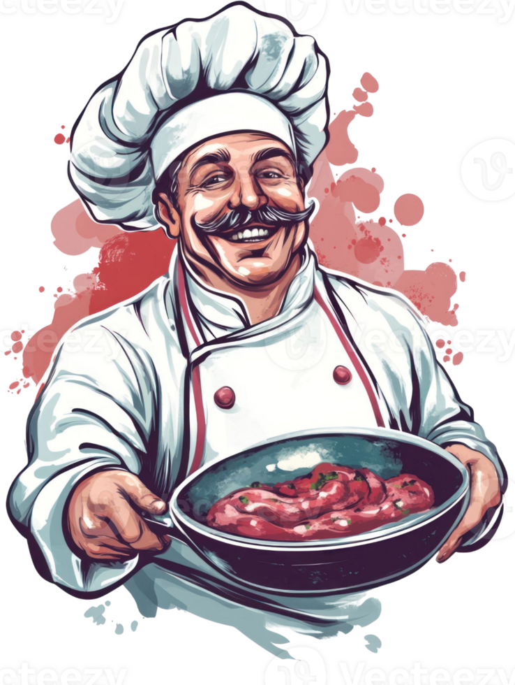 Smiling Chef Holding Pan Of Sausages Isolated on Transparent Background png