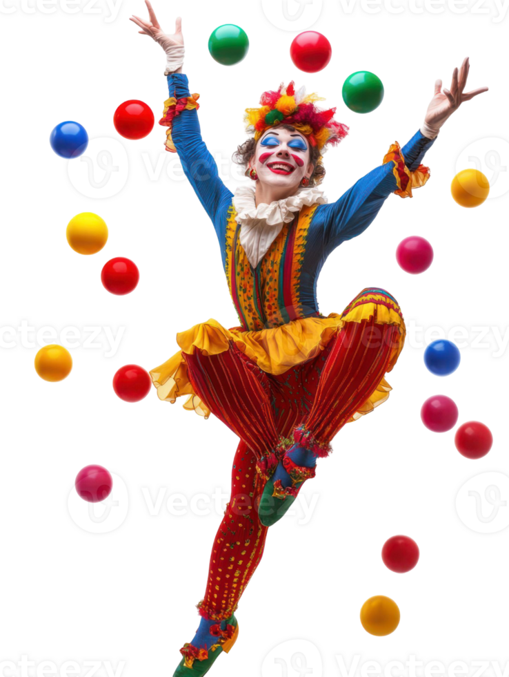 Smiling Clown Juggling Colorful Balls Against Transparent Background with Dynamic Pose and Festive Costume png