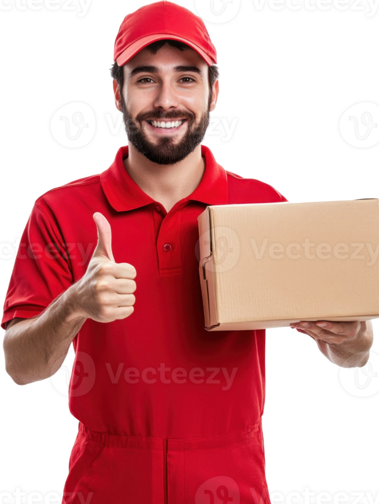 Smiling Delivery Man in Red Uniform Giving Thumbs Up Holding Cardboard Box png