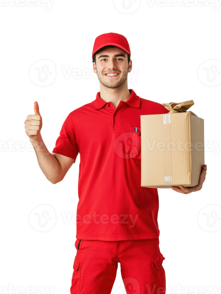 Smiling Delivery Man In Red Uniform Holding Package And Giving Thumbs Up On Transparent Background png