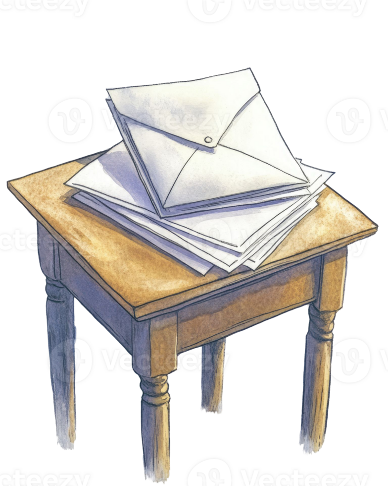 A Stack of Envelopes on a Wooden Table A Watercolor Illustration of Correspondence png