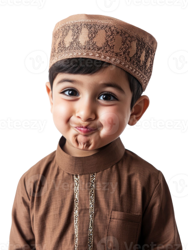 Smiling Child Portrait with Traditional Headwear and Brown Outfit on Transparent Background png