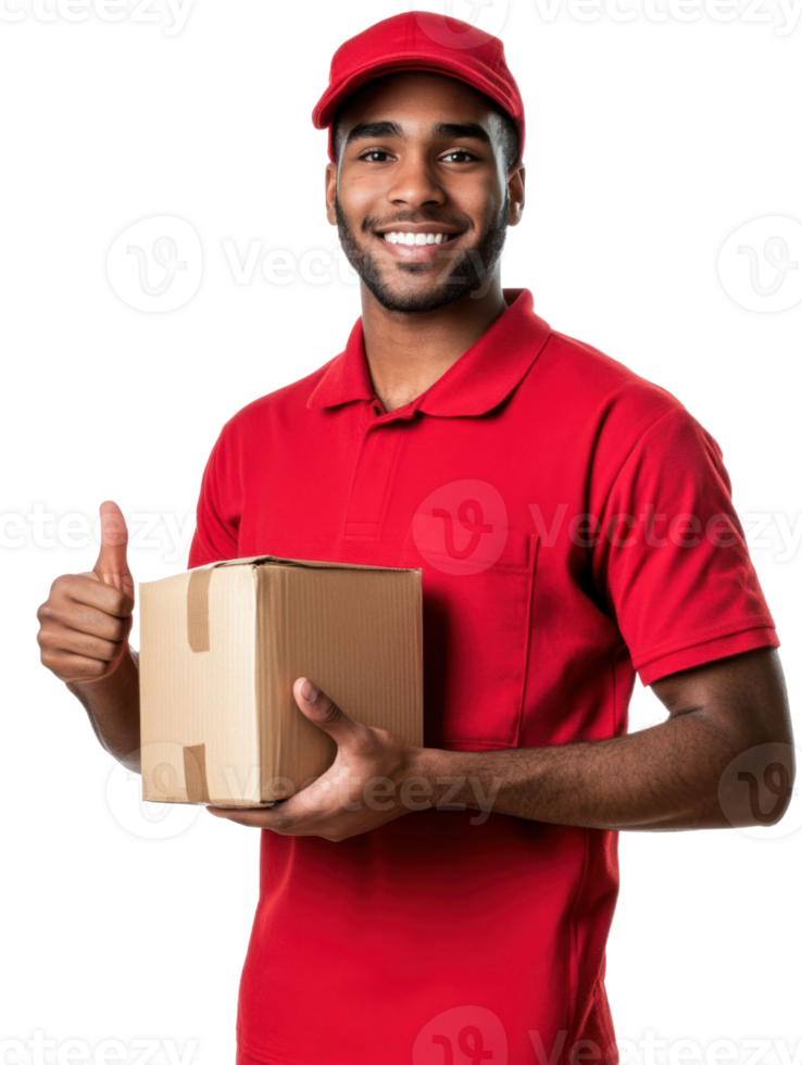 Smiling Delivery Person in Red Uniform Holding Cardboard Box with Thumbs Up on Transparent Background png