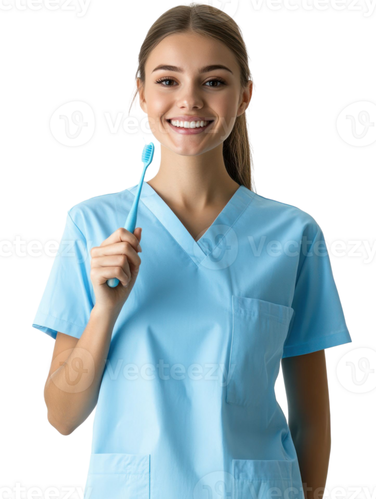 Smiling Dental Professional Holding a Blue Toothbrush in Blue Scrubs Transparent Background png