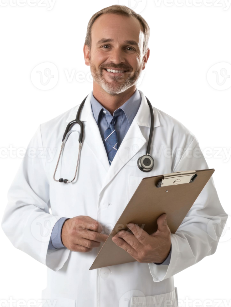 Smiling Doctor In White Coat Holding Clipboard And Stethoscope Transparent Background png