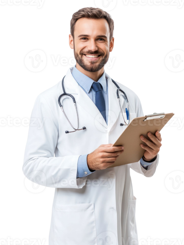 Smiling Doctor in White Coat Holding Clipboard with Pen Isolated on Transparent Background png