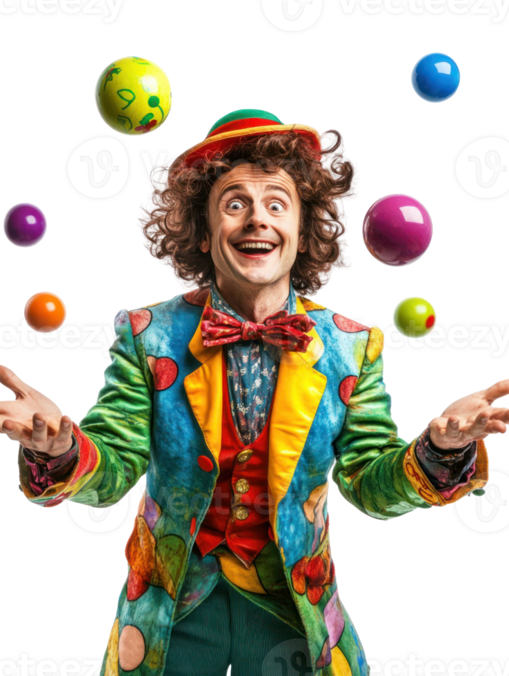 Smiling Clown Juggling Colorful Balls Isolated on Transparent Background png