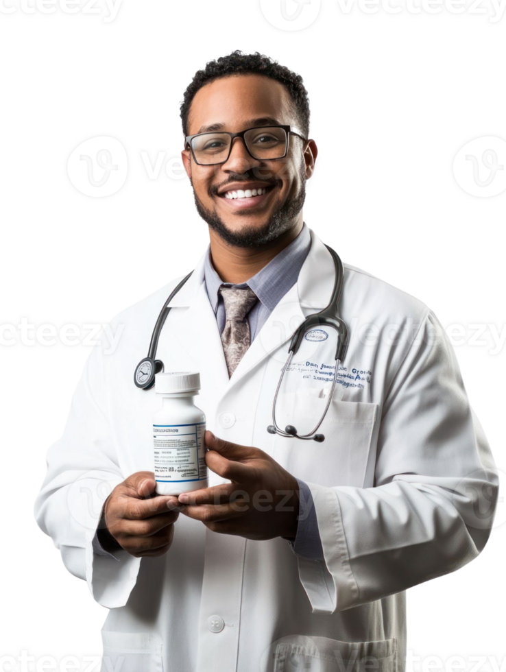 Smiling Doctor Holding Pill Bottle With Stethoscope In White Coat png