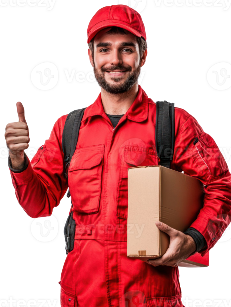 Smiling Delivery Man In Red Uniform Holding Cardboard Box With Thumbs Up Gesture Against Transparent Background png