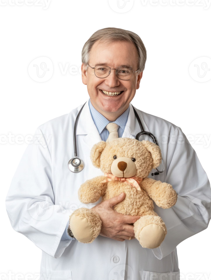 Smiling Doctor in White Coat Holding Teddy Bear with Stethoscope Against Transparent Background png