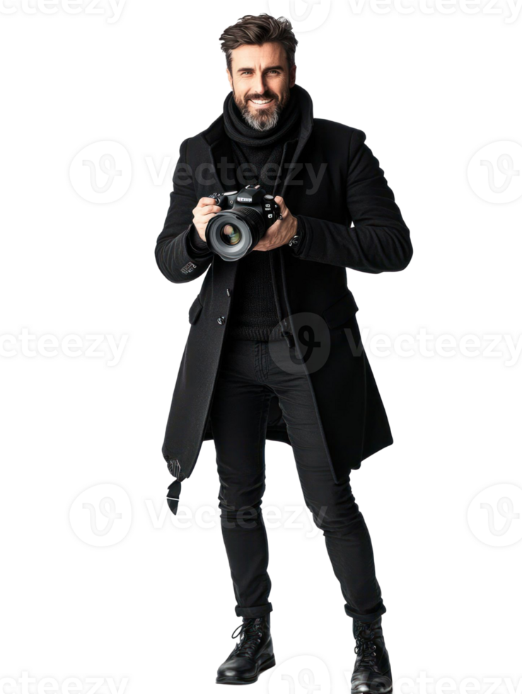 Smiling Man In Black Outfit Holding Camera on Transparent Background png