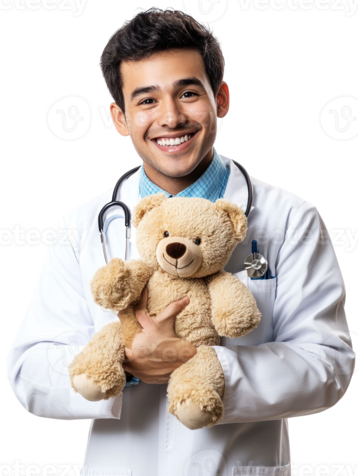 Smiling Doctor Holding Teddy Bear In White Coat with Stethoscope on Transparent Background png