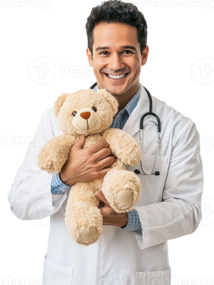 Smiling Doctor in White Coat Holding Teddy Bear with Stethoscope png